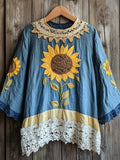 Women's Boho Sunflowers Embroidered Lace Patchwork Linen Shirt artswardrobe