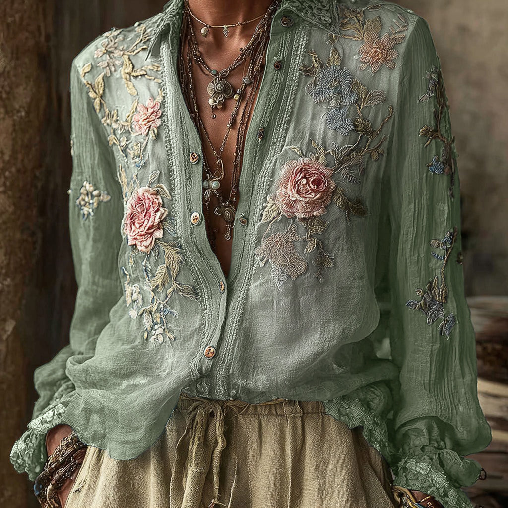 Women's Vintage Bohemian Floral Pattern Linen Long Sleeve Shirt artswardrobe