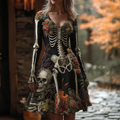Comstylish Day Of The Dead Lady Retro Cotton-blend V-neck Long-sleeve Lace Dress