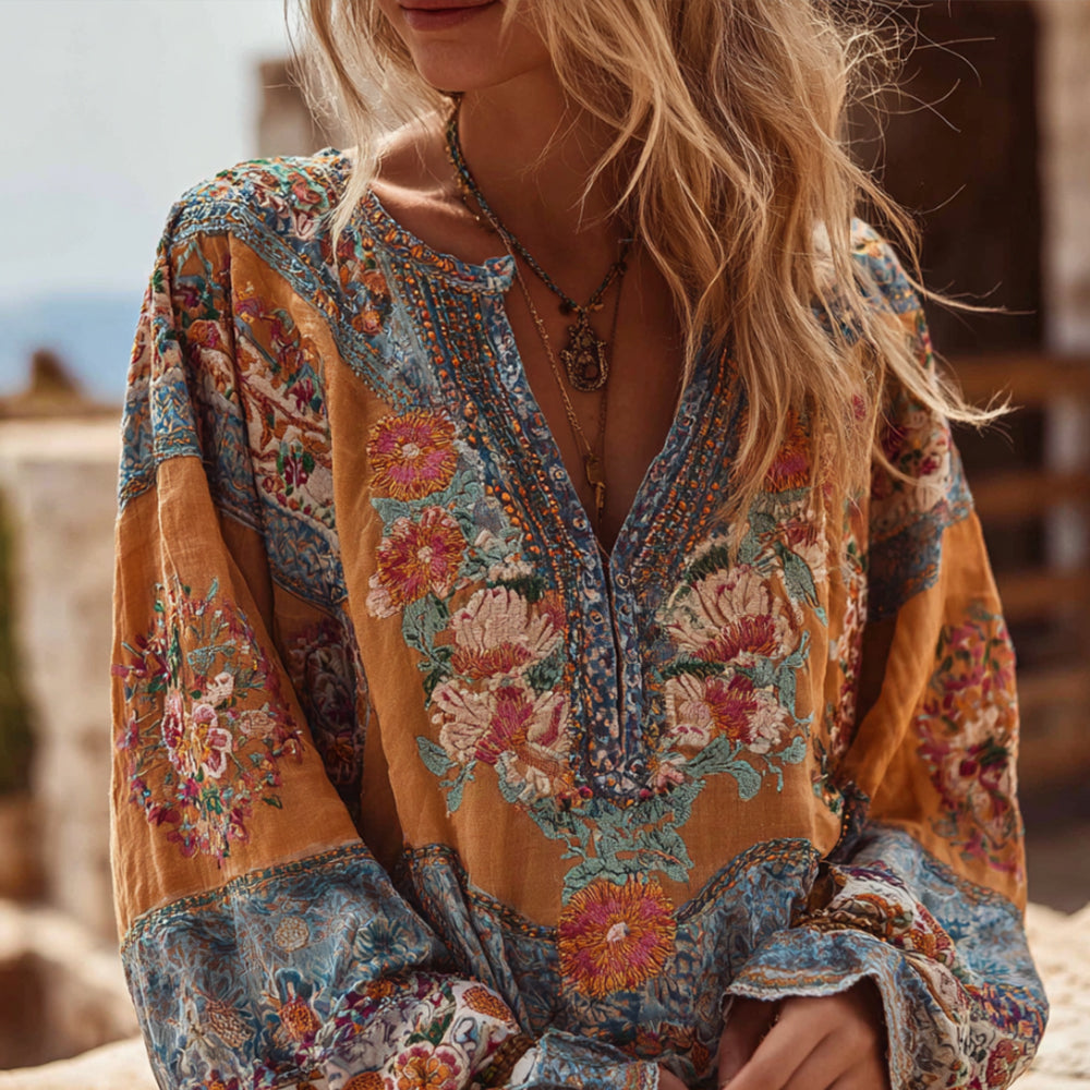 Comstylish Bohemian Style Embroidered Flower Long-sleeved V-neck Bright Yellow Distressed Long-sleeved Top