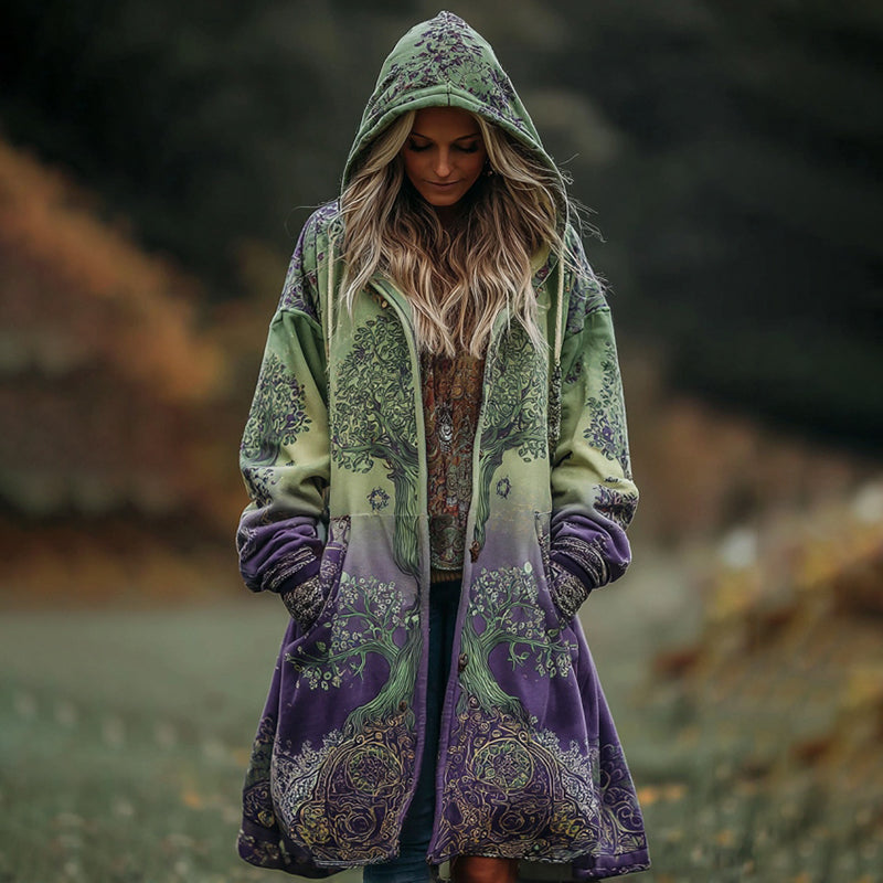 Comstylish Women's Tree Of Life Gradient Cozy Pocket Hooded Cardigan