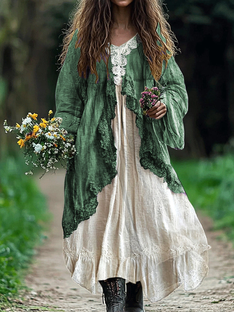 Bohemian Lace Patchwork Flowy Linen Dress artswardrobe