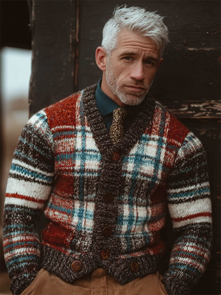 Men's Christmas Inspired Plaid Tweed Cozy Knit Cardigan artswardrobe