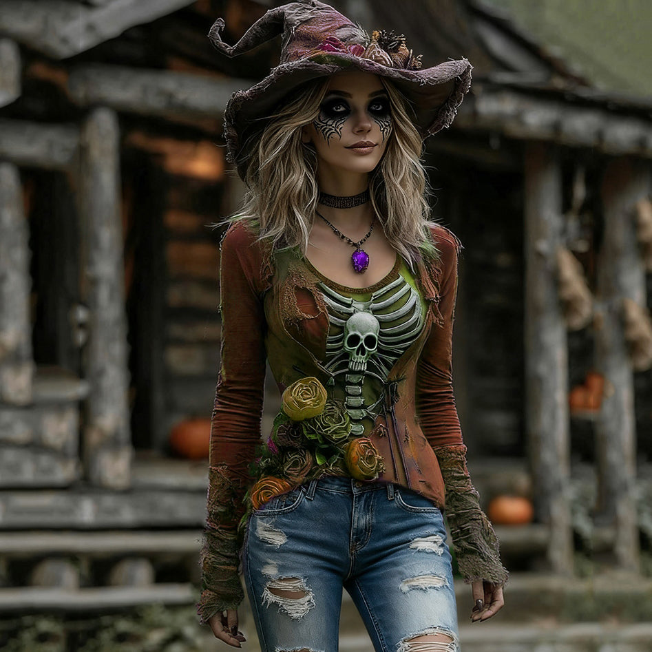 Comstylish Women's Halloween Rose Skull Witch Cosplay V-neck T-shirt