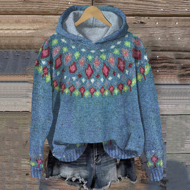 Fairman Island Geometric Contrast Print Button Knit Hoodie elevenforest