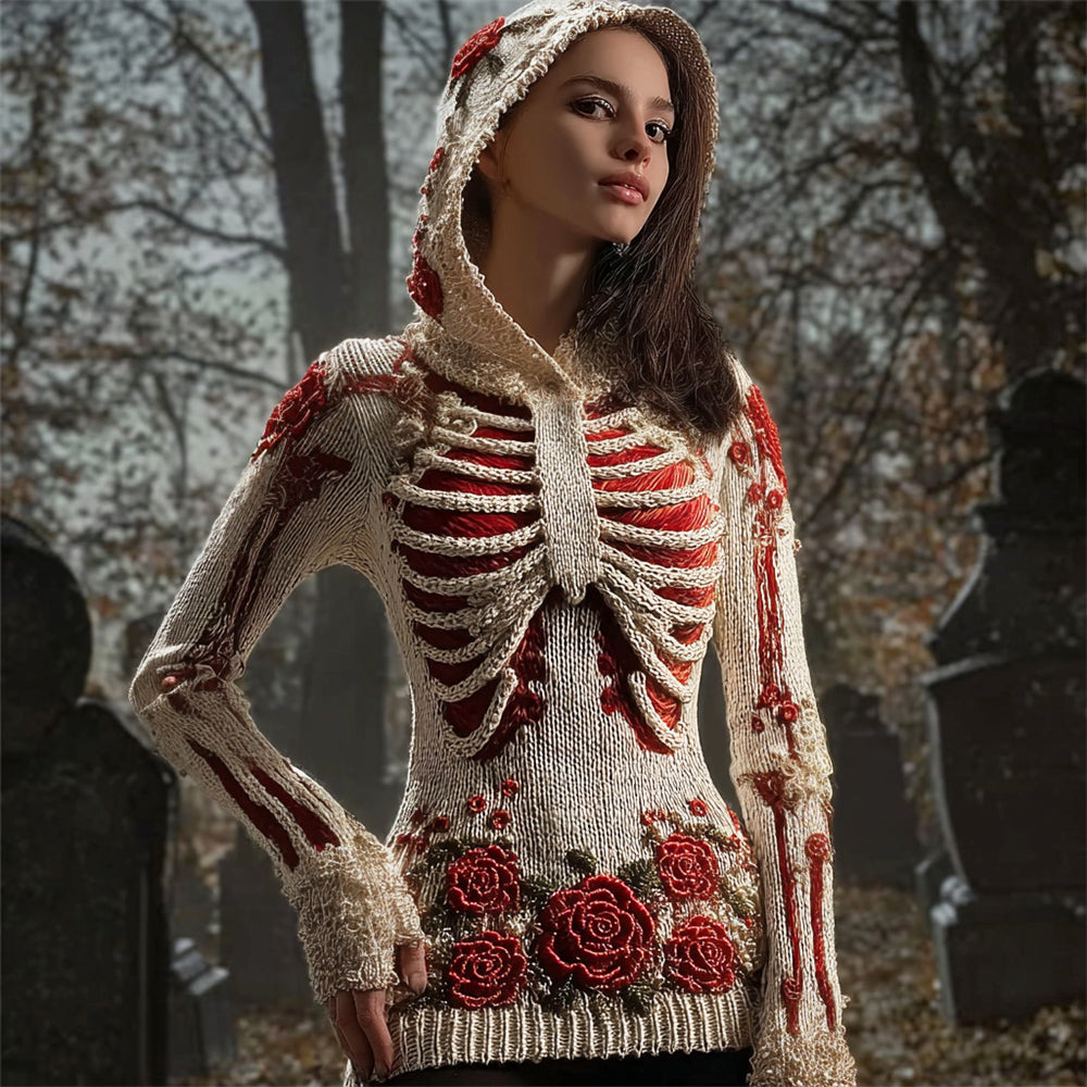 Comstylish Halloween Skeleton & Floral Art Women's Knit Hoodie