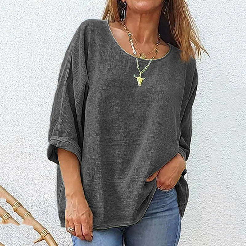 Women's Cotton And Linen Casual Loose Round Neck Long Sleeve T-shirt artswardrobe