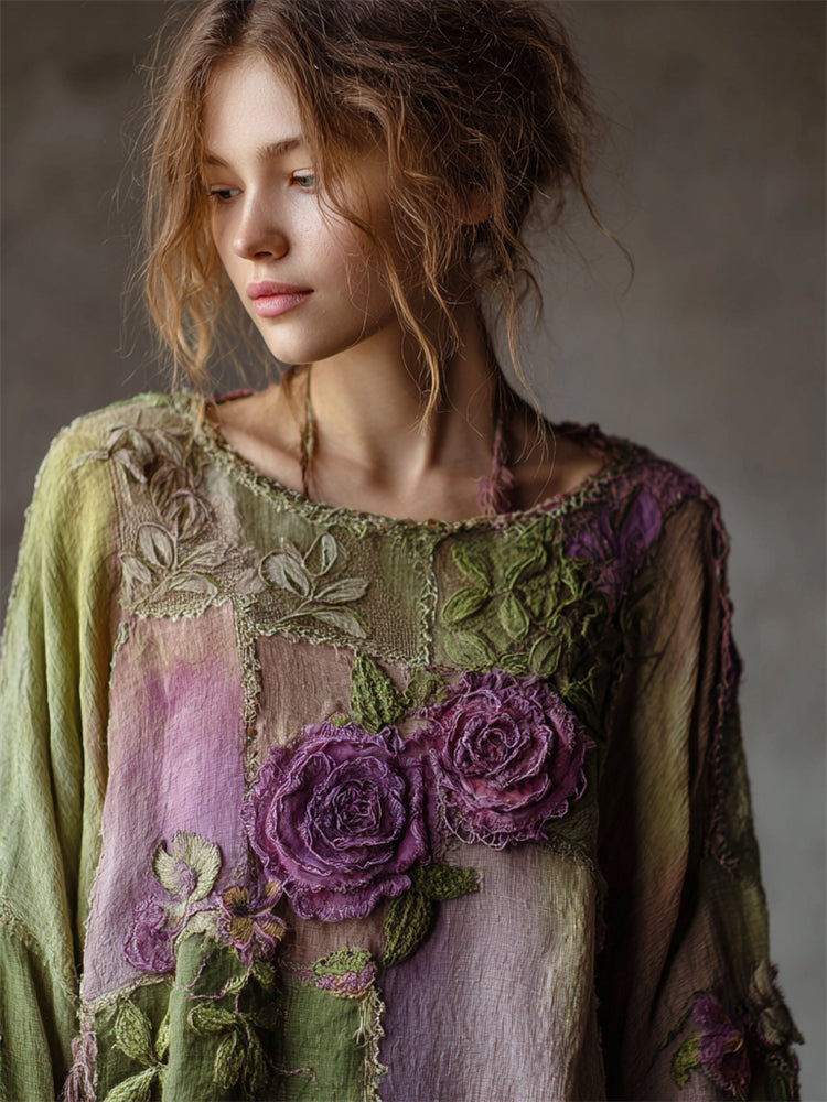 Vintage Purple Roses Forest Patchwork Flowy Linen Tunic artswardrobe