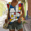 Comstylish Abstract Creative Colorblock Geometric Abstract Cat Painting Art Sleeveless V-Neck Tank Top