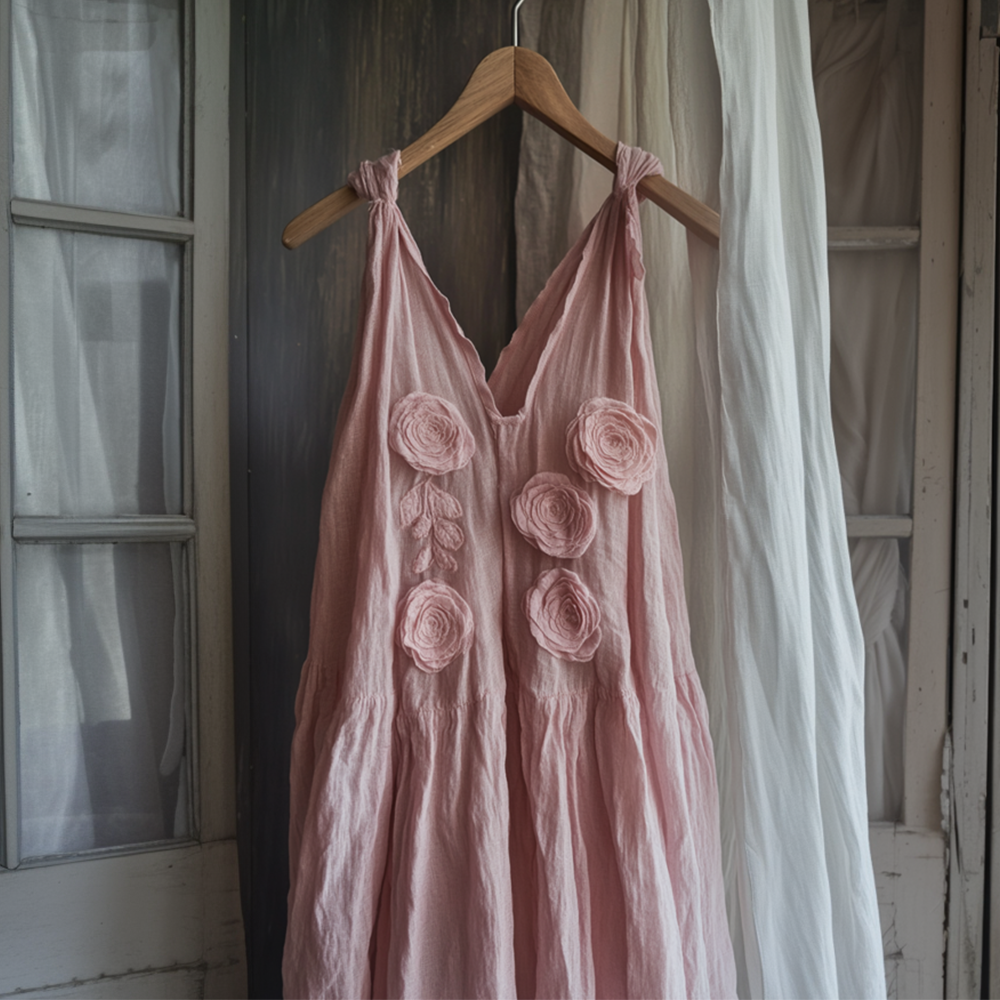 Vintage Elegant Fashion Rose Pattern Linen Vest Dress artswardrobe