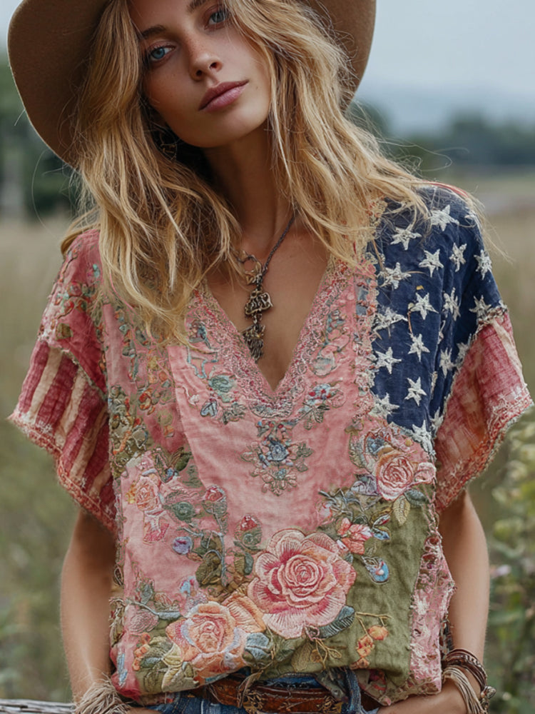Women's Vintage American Western Country Style Floral And Stars Embroidered Linen Blend V-neck T-shirt artswardrobe