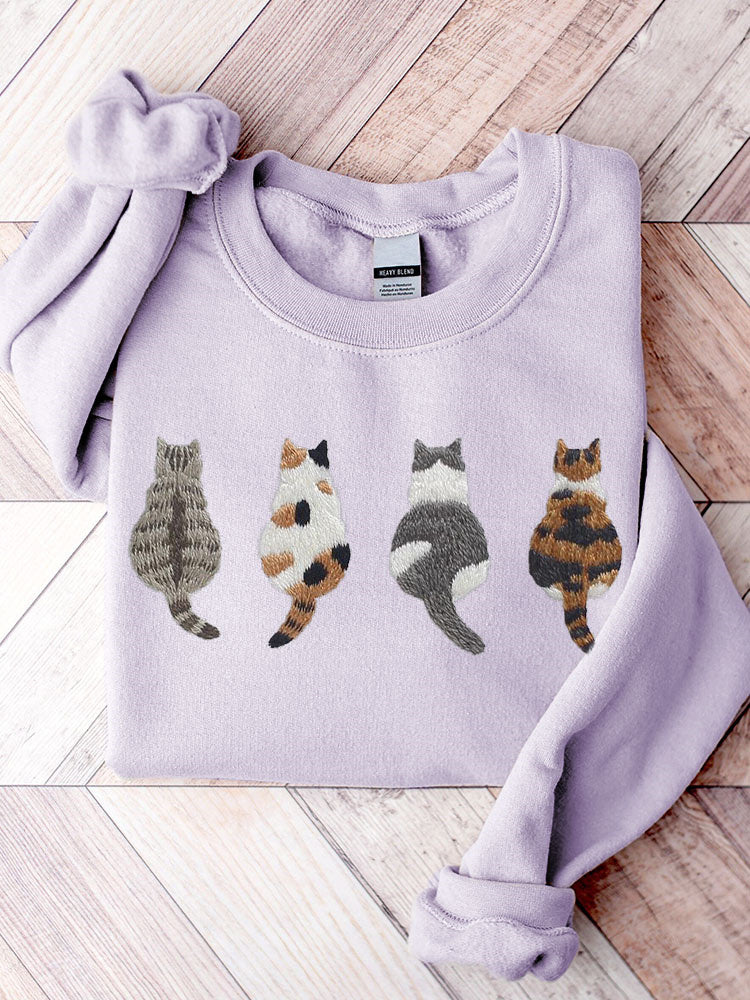 Comstylish Cute Cats Embroidery Pattern Casual Cozy Sweatshirt