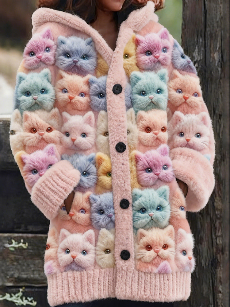 Comstylish Cute Cozy Pastel Cats Art Cozy Knit Hooded Cardigan