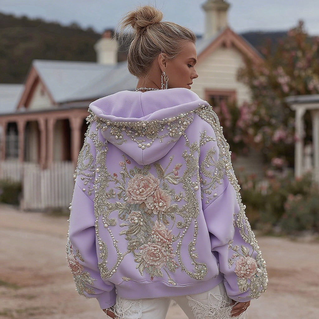 Comstylish Women's Retro Bohemian Floral Embroidery Casual Hooded Sweatshirt