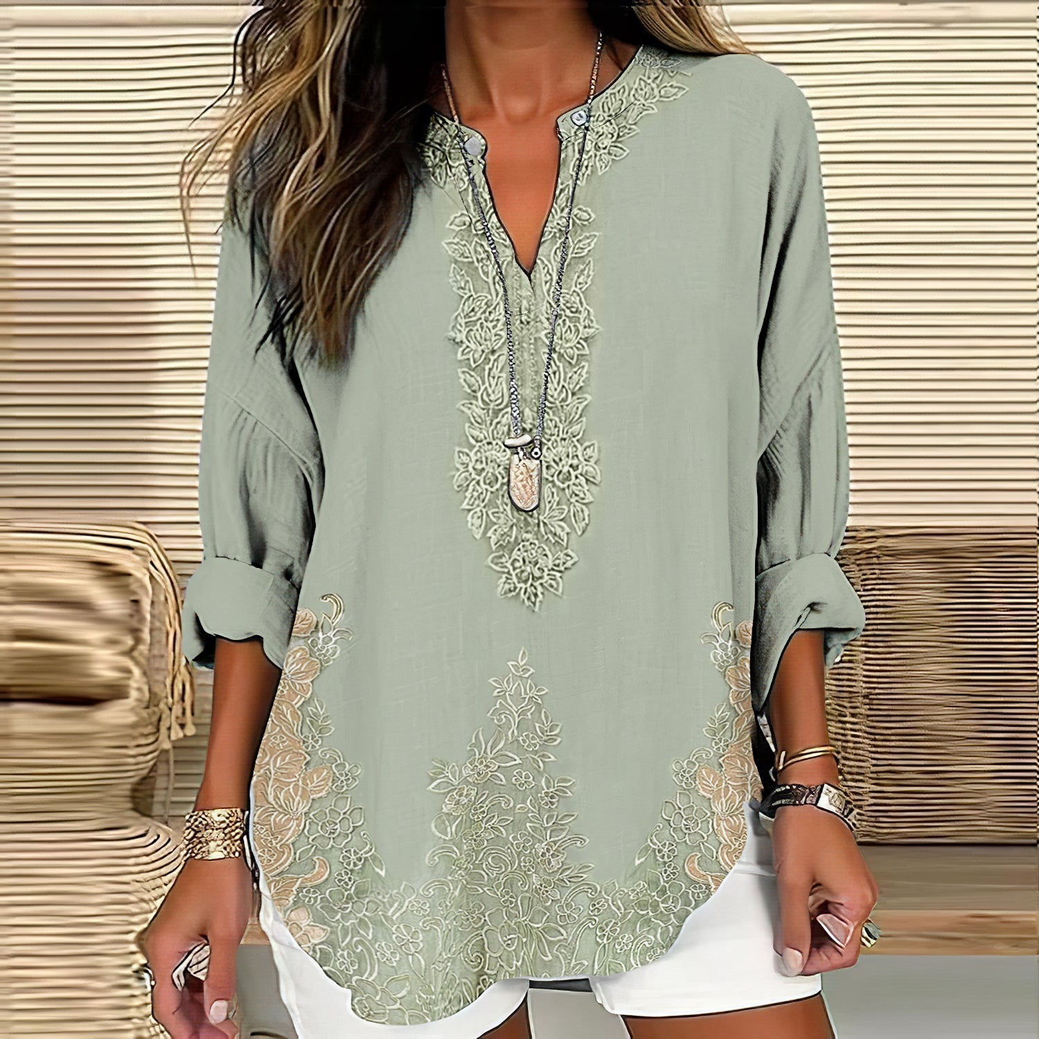 Comstylish Women's Retro Floral Art Linen Print Casual Shirt