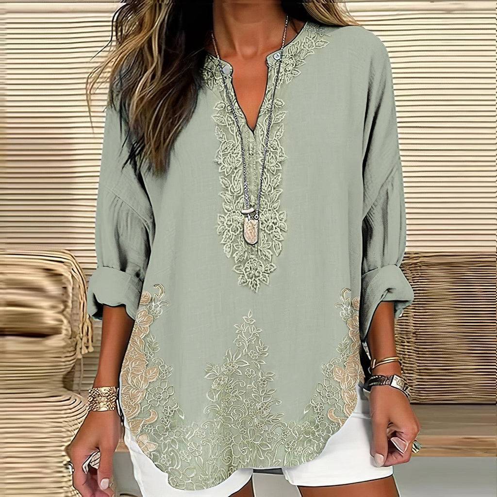 Women's Retro Floral Art Linen Print Casual Shirt artswardrobe