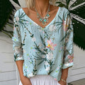 Floral Print V-neck Linen Blend Casual T-shirt artswardrobe