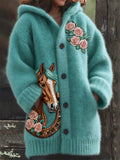 Comstylish Western Horse & Horseshoe Roses Glitter Embroidered Hooded Cardigan
