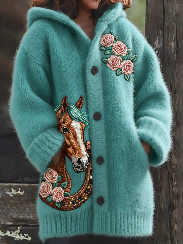 Comstylish Western Horse & Horseshoe Roses Glitter Embroidered Hooded Cardigan