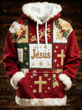 Men's Casual Faith Print Patchwork Fur Collar Hooded Sweatshirt 
