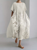 Classy Cranes Floral Japanese Embroidered Linen Blend Maxi Dress
