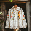 Elegant Lace Floral Embroidery Pocket Lapel Blouse artswardrobe