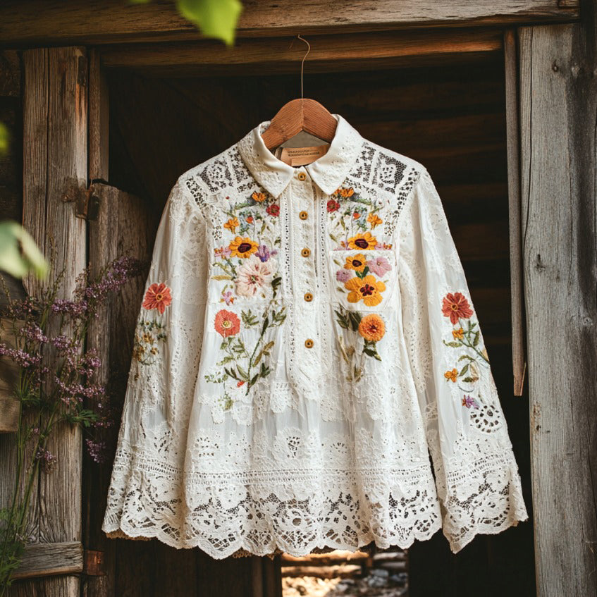 Elegant Lace Floral Embroidery Pocket Lapel Blouse artswardrobe