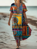 Women's Vintage Floral Art Print Pocket Cotton Dress