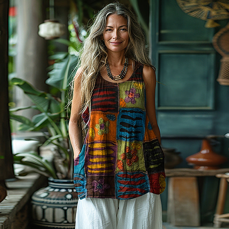 Vintage Tribal Floral Patchwork Sleeveless Linen Blend Tank Top artswardrobe