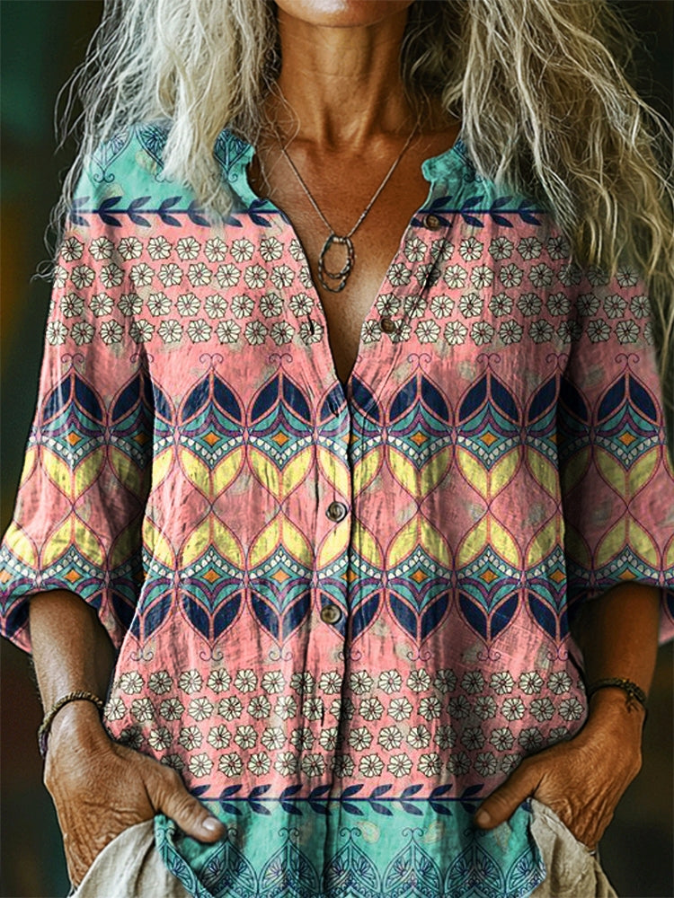 Women's Bohemian Ethnic Tattoo Pattern Art Print Casual Cotton Linen S