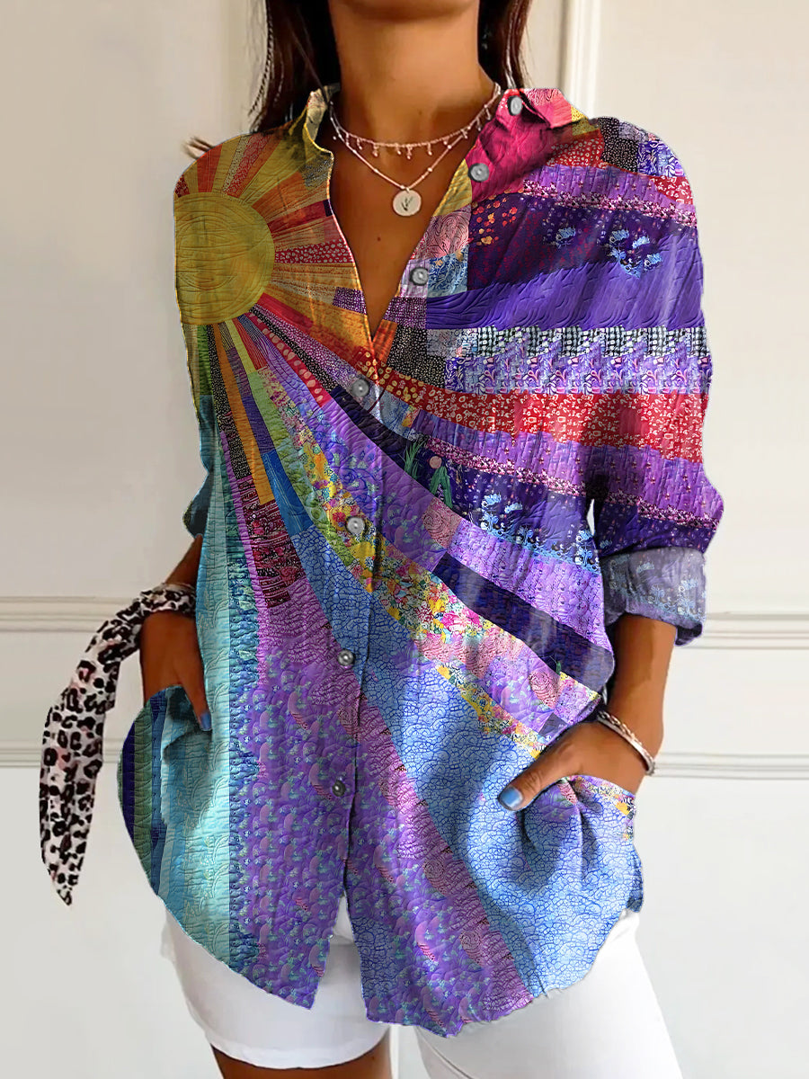 Women's Colorful Sun Collage Art Print Casual Cotton Shirt