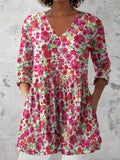 Women's Retro Floral Art Print Casual Cotton And Linen V-neck Top