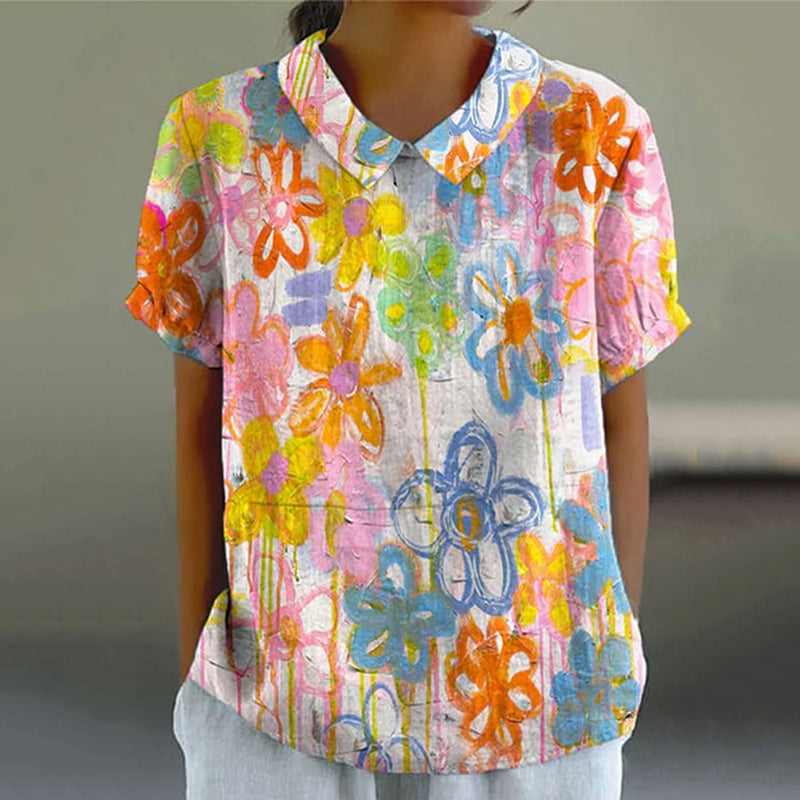 Comstylish Retro Floral Color Graffiti Art Short Sleeve Lapel Shirt