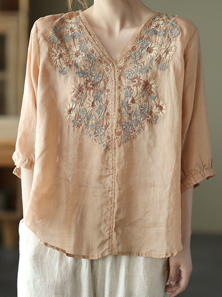 Comstylish Women's Casual Retro Ethnic Embroidery Cotton Shirt
