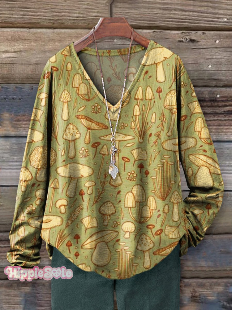 Women's Mushrooms Art Print 100% Cotton Casual V-neck Long Sleeve Shir