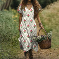 Vintage Floral Print V-neck Short Sleeved Linen Blend Midi Dress artswardrobe