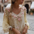 Comstylish Bohemian Style Plant And Flower Embroidery Women's Round Neck Long Sleeve Cotton And Linen Top