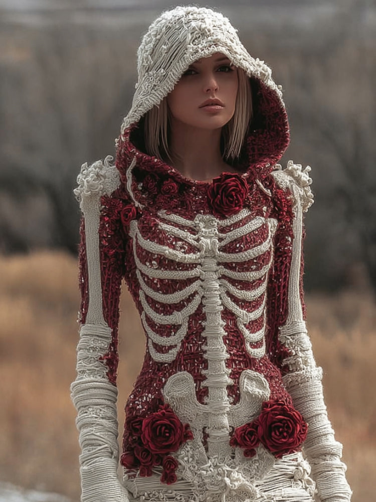 Comstylish Women Halloween Skeleton Skeleton With Red Rose Bandage Hoodie Dress