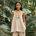 Women's Ethnic Floral Embroidery Art Linen Sleeveless Tank Top artswardrobe