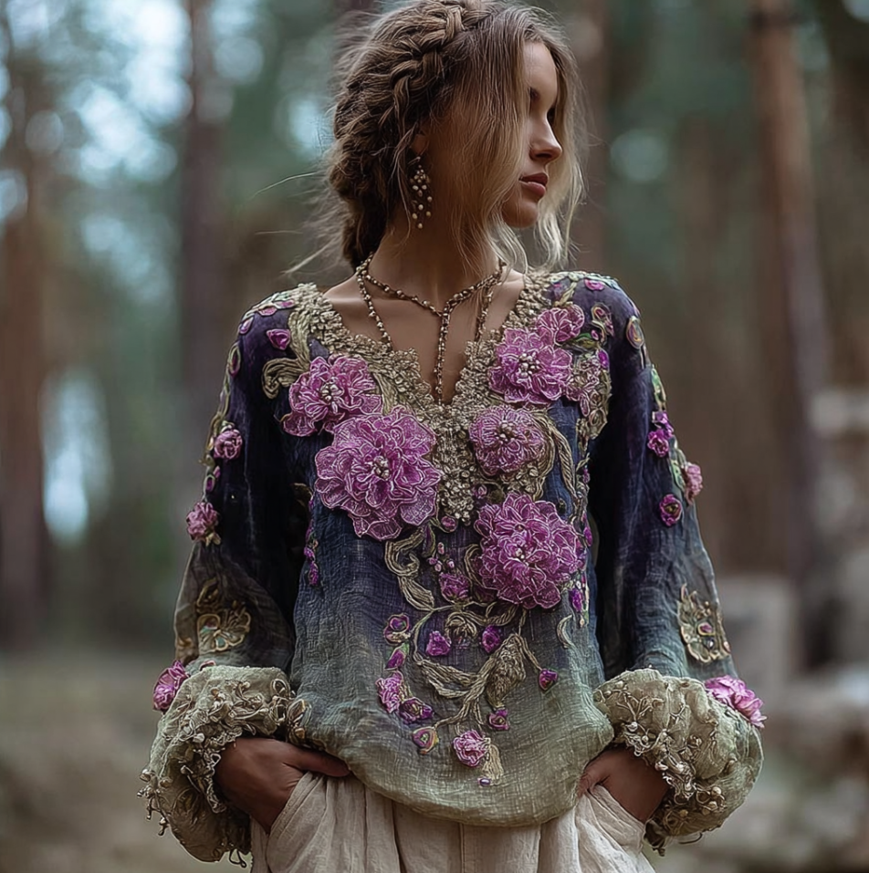 Comstylish Bohemian Style Round Neck Long Sleeve 3d Purple Flower Design Cotton And Linen Top For Women