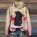 Women's Black Cat Floral Art Print Casual Sweatshirt elevenforest