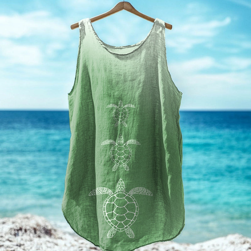 Sea Turtle Art Print Linen Blend Tank Top artswardrobe