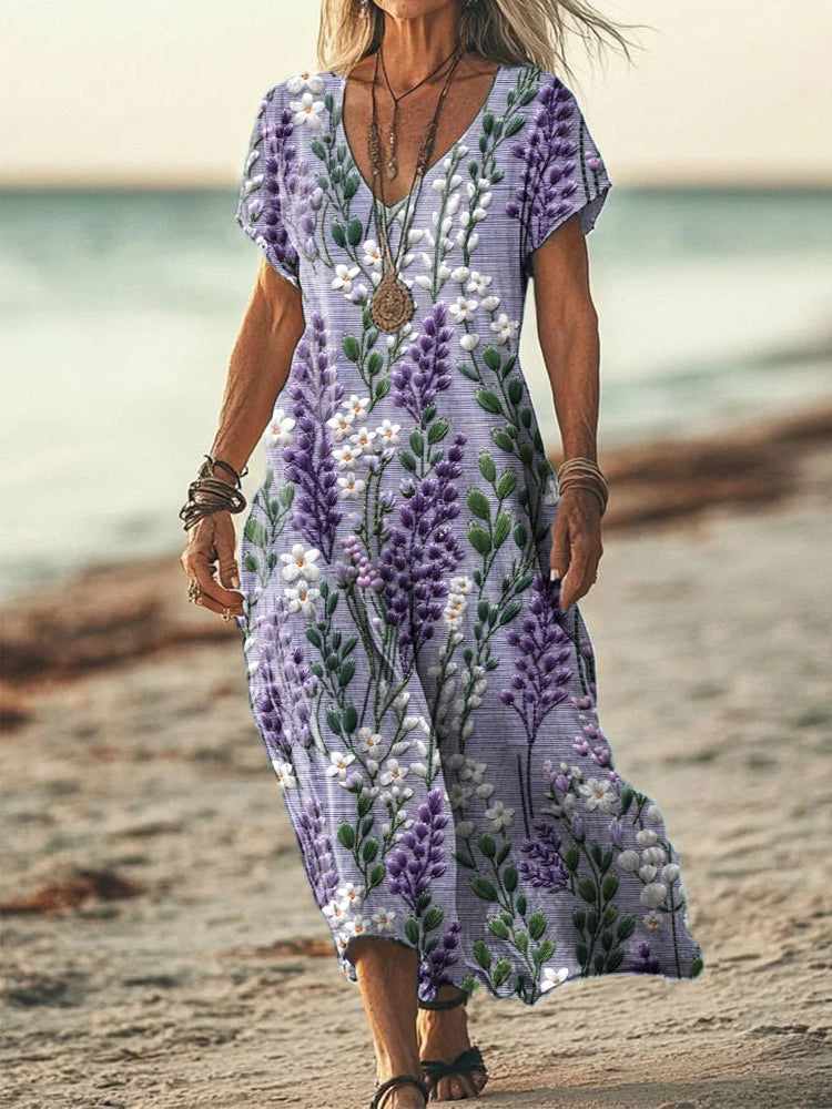 Women's Lavender Floral Embroidered Linen Blend Dress artswardrobe