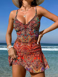 V-Neck Vintage Flowers Print Suspender Skirt Tankini Pantskirt Set Swimsuit