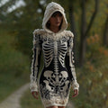 Comstylish Women's Vintage Halloween Skeleton Bones With Rose Art Cozy Knit Hooded Sweater Dress