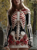 Comstylish Halloween Bloody Skeleton & Floral Art Women's Knit Mini Dress