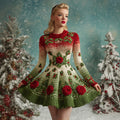 Women's Vintage Christmas Holly Leaves And Rose Gradient Knitted Midi Dress artswardrobe