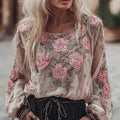 Ladies' Casual Vintage Pink Floral White Long-sleeved Shirt