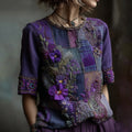 Women's Embroidered Pansy Floral Patchwork Check Short Sleeve T-shirt artswardrobe