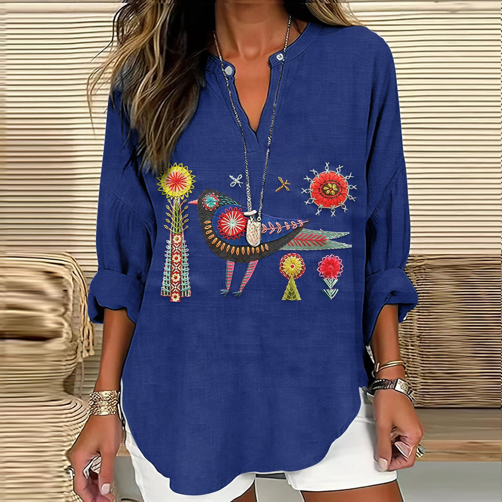 Women's Floral And Bird Embroidery Art Pattern Cotton And Linen V-neck Shirt artswardrobe